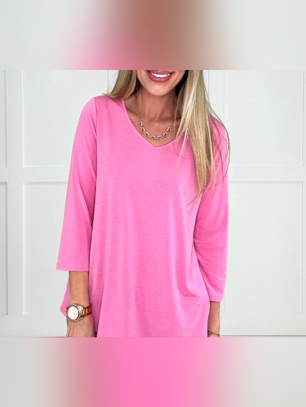 Women's Dear Scarlett Hot Pink V~Neck 3/4 Sleeve Plus Size Top~2XL